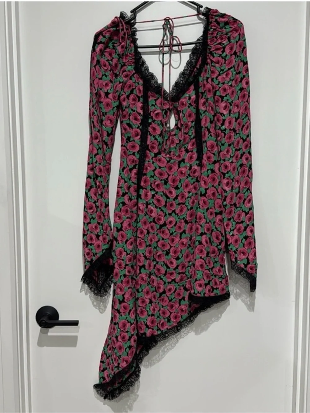 For Love & Lemons Black Floral Lace-Trim Mini Dress with Pink & Green Print - Picture 4 of 5